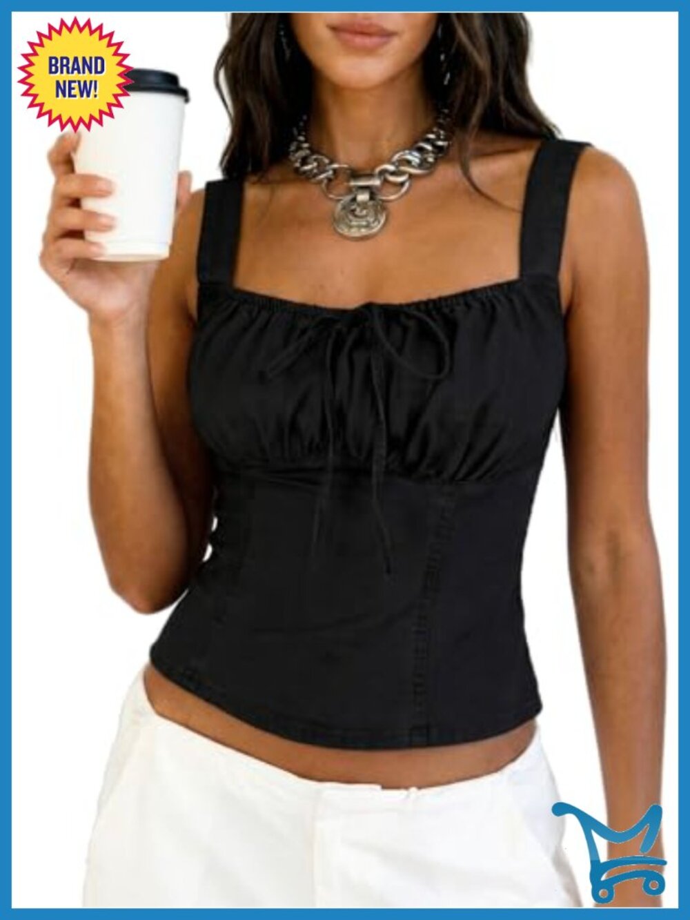 Denim Corset Crop Top Smocked Back Front Bow Square Neck Tank Country Concert